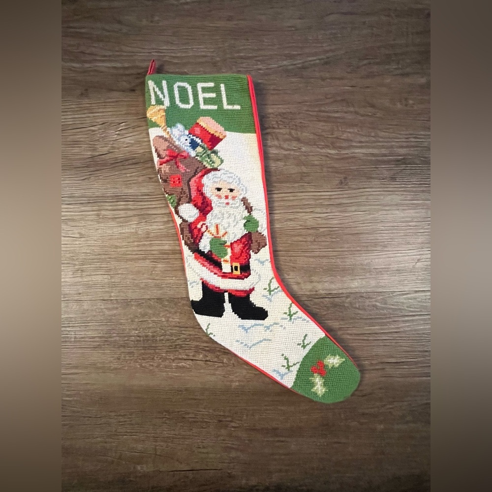 Vintage Needlepoint Christmas Stocking, Santa & Toy Sack, Wool Tapestry‎